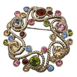 Vintage Multicolor Rhinestone Crystals Circle Wreath Brooch Pin Gold Tone